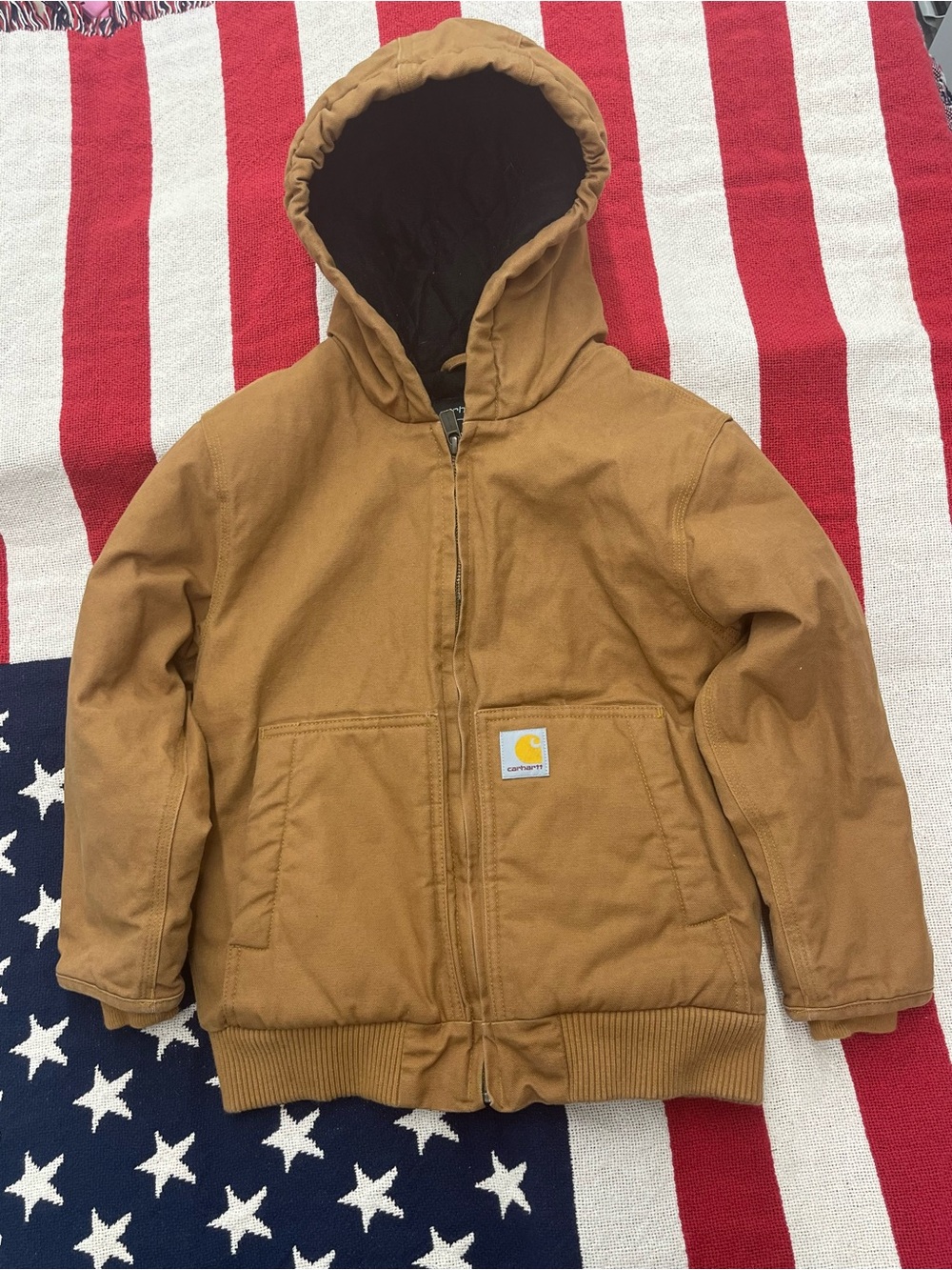 Carhartt Kids Brown Hooded Work Puffer Jacket Boys Size Small 7/8